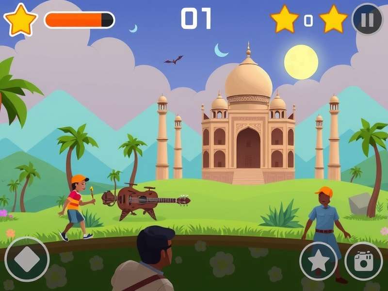 Pou character dancing to music with musical notes around