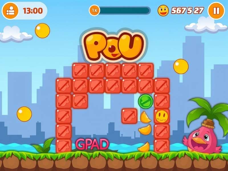 Pou character wearing various funny hats and outfits in different room decorations