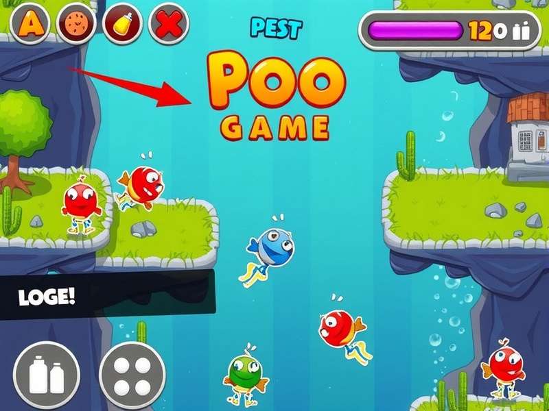 Pou character smiling in a colorful virtual room