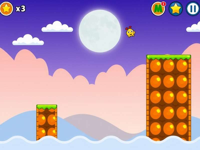 Mid-game Pou Sky Jump obstacles showing moving platforms and clouds