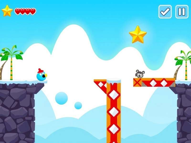 Pou character jumping high in a colorful sky-themed game level