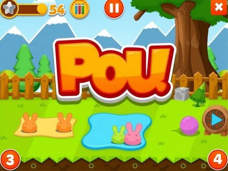 Pou character playing a mini-game on a smartphone screen