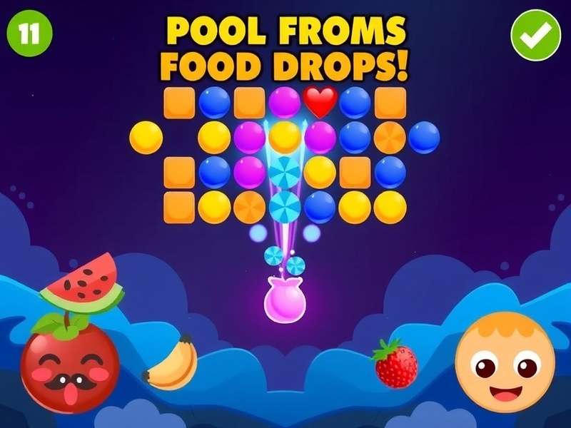 Pou Gameplay Food Drop – Pou happily eating a variety of colorful foods in his kitchen