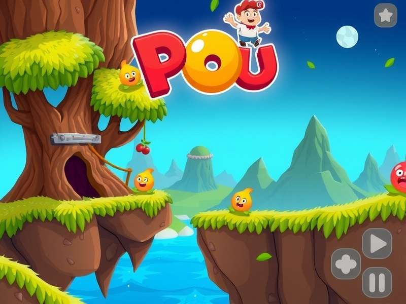 Pou alien pet character sitting with big eyes and smiling, iconic gameplay mascot
